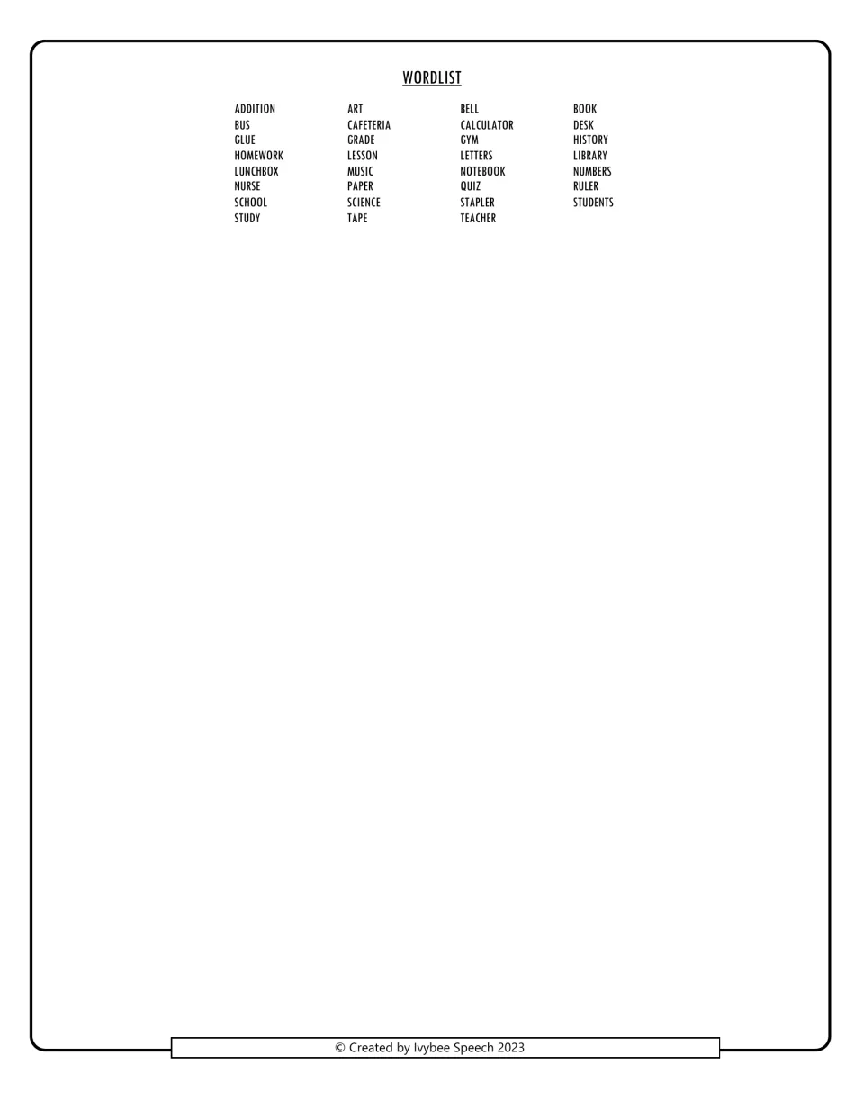 Crossword word list: 31 school words such as addition, cafeteria, homework, lunchbox, library and teacher