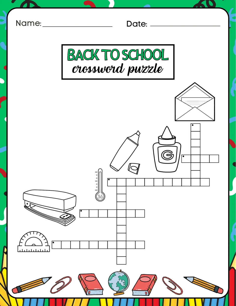 Supply-themed picture crossword: students spell names for a stapler, protractor, glue bottle, highlighter and envelope