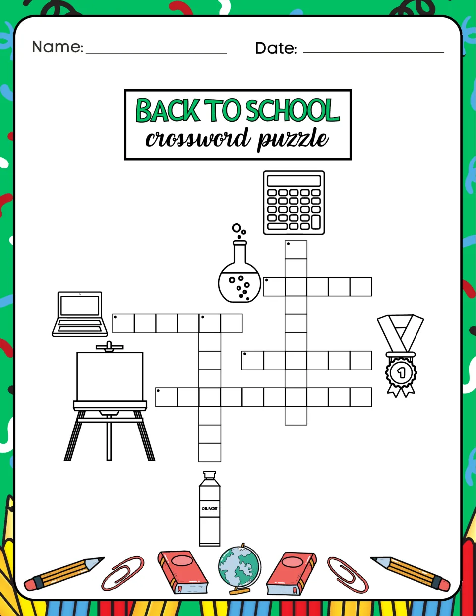 Crossword with picture clues: students write words for a calculator, laptop, easel, flask, medal and oil paint