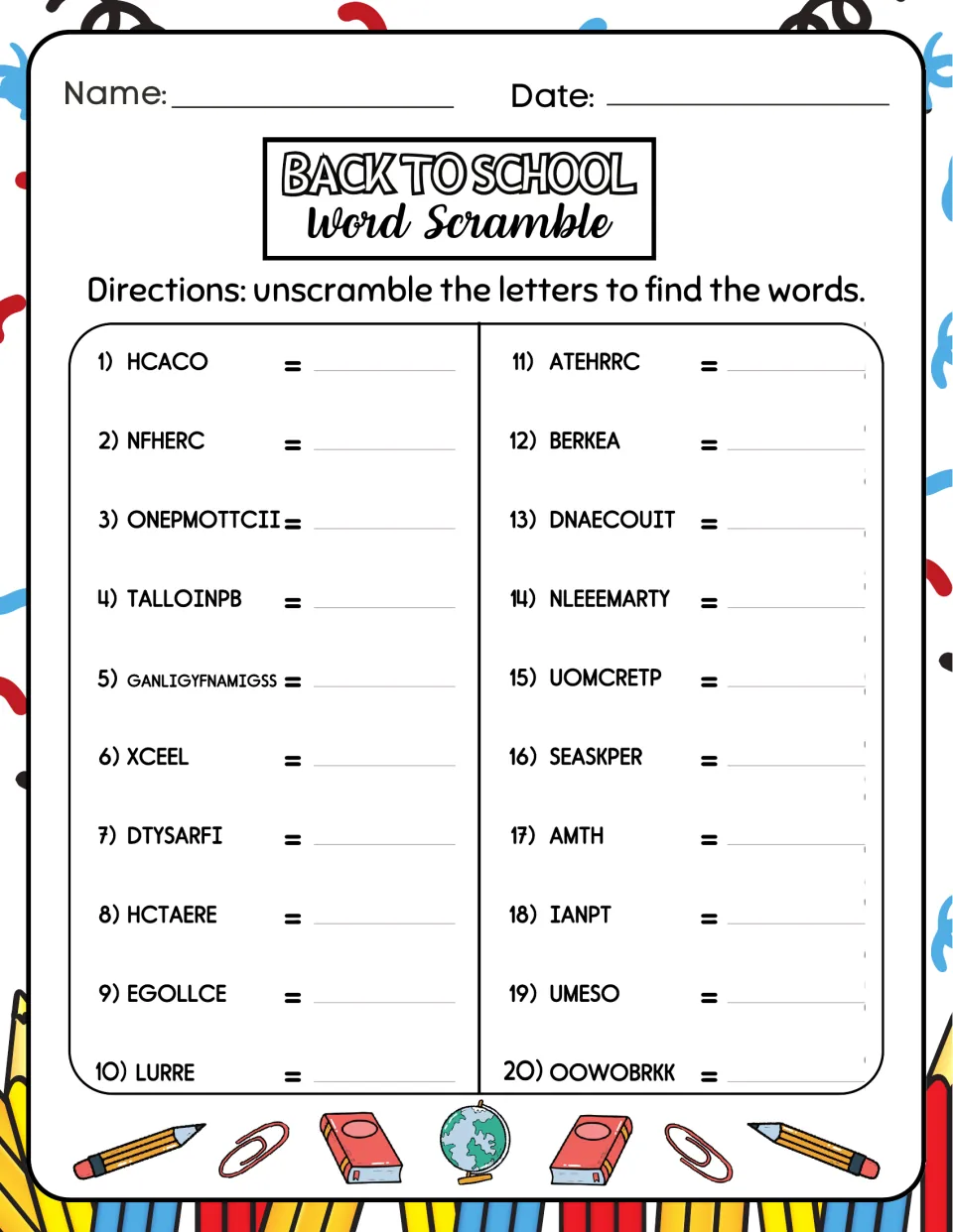 Word scramble: students unscramble 20 school words such as HCACO, XCEEL, EGOLLCE, AMTH and OOWOBRKK