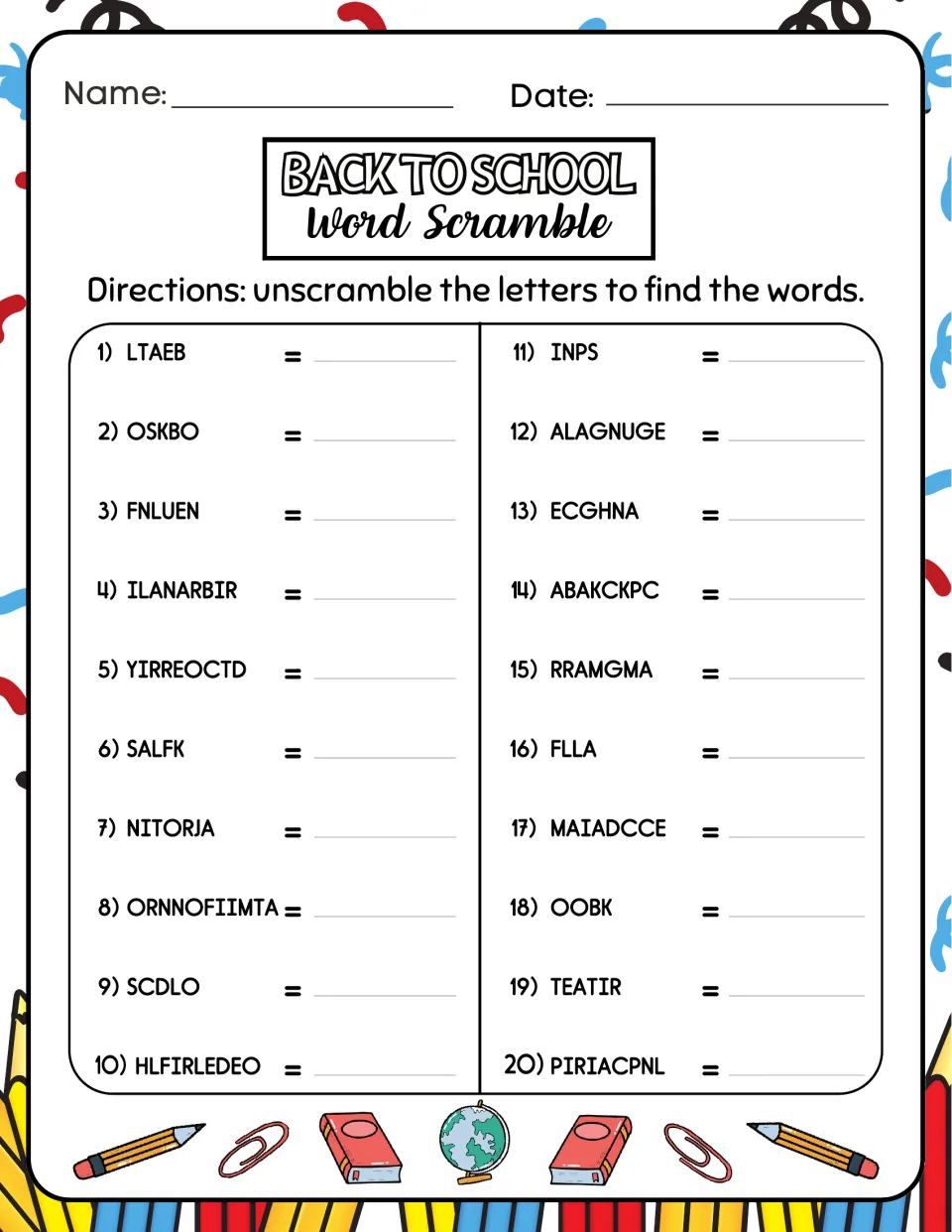 Second word scramble: students unscramble 20 words like LTAEB, OSKBO, ILANARBIR, NITORJA and OOBK to spell school terms