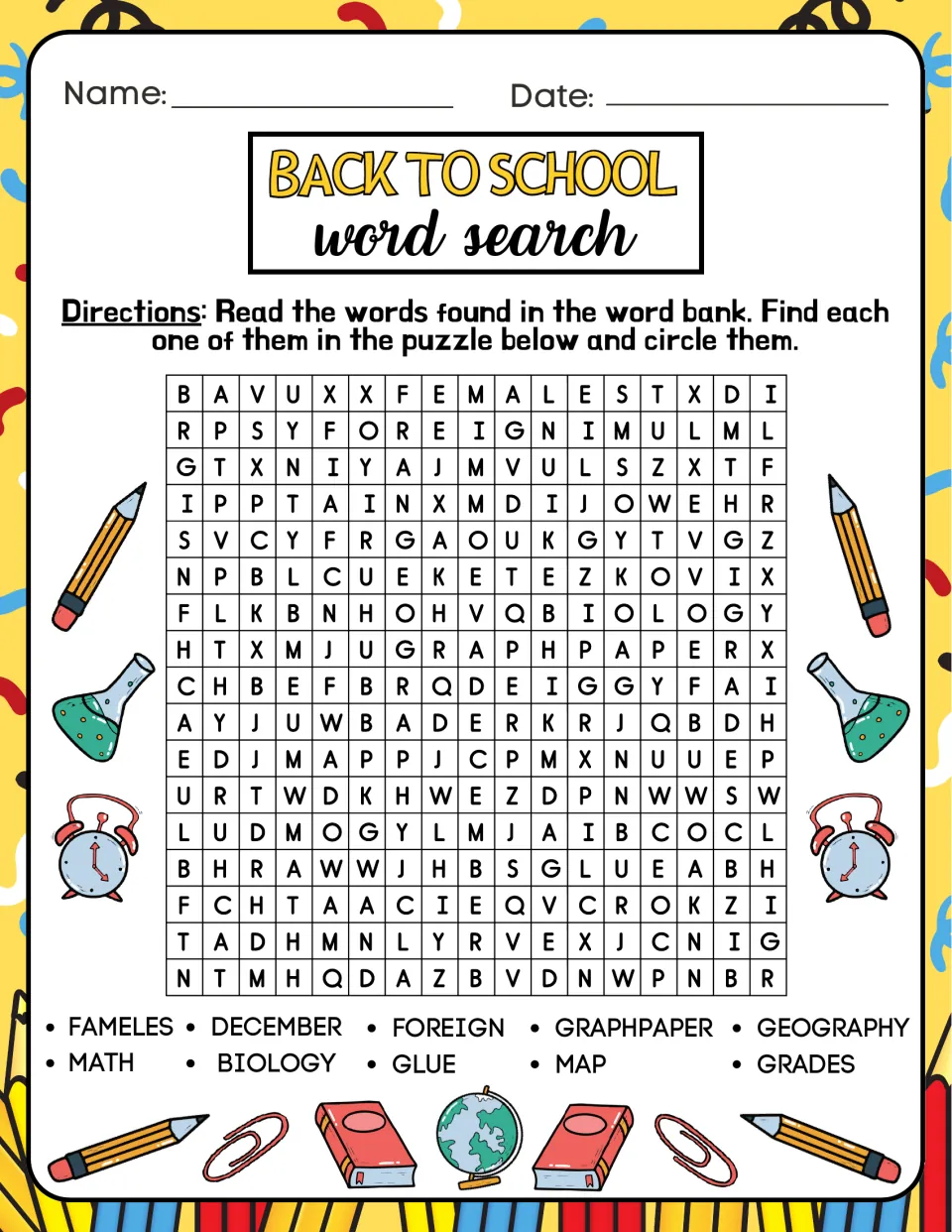Word search 2 in the activity book asks students to find December, foreign, geography, math, and six more words.