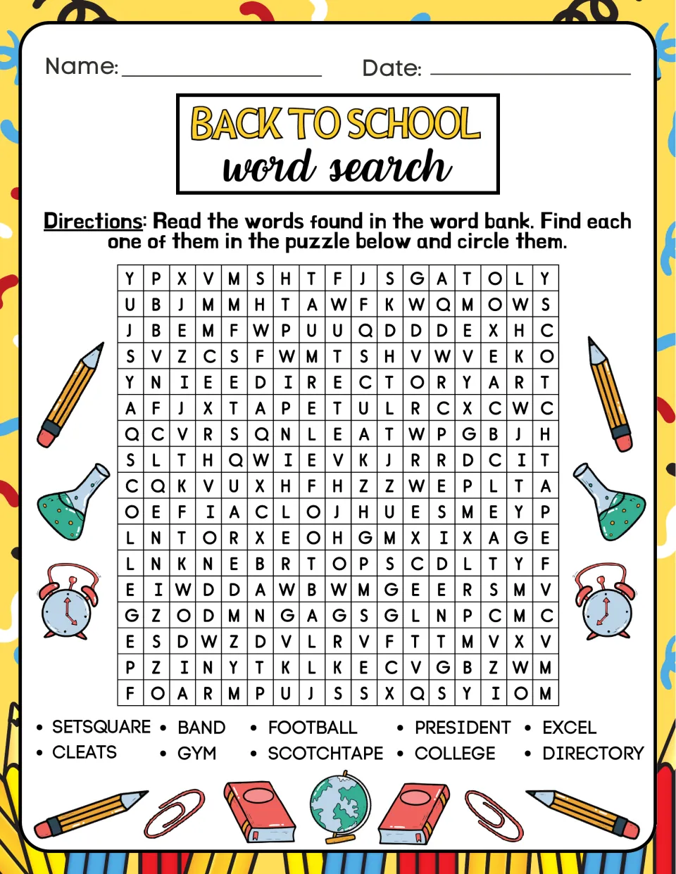 Word search 3 in the activity book asks students to find band, football, president, college, and six more words.