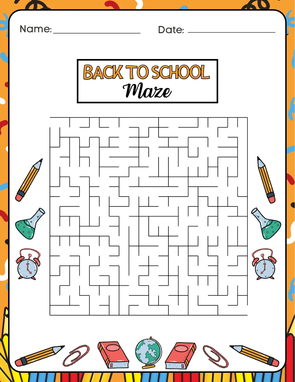 Back-to-school maze in the activity book has an entrance at the upper left and an exit at the lower right.