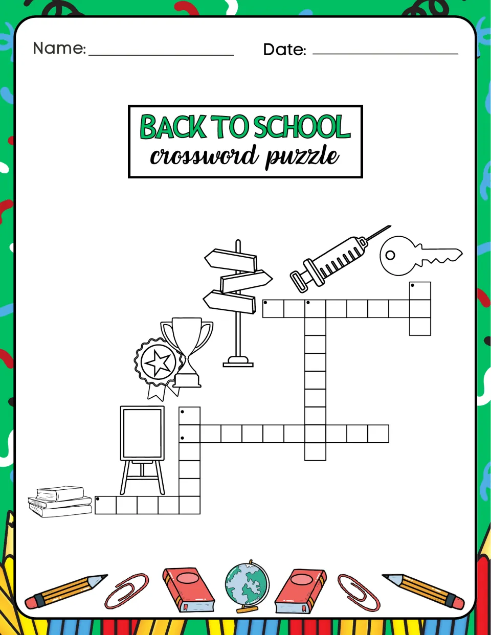 Picture-clue crossword 1 in the activity book shows a signpost, syringe, key, awards, board, and books.