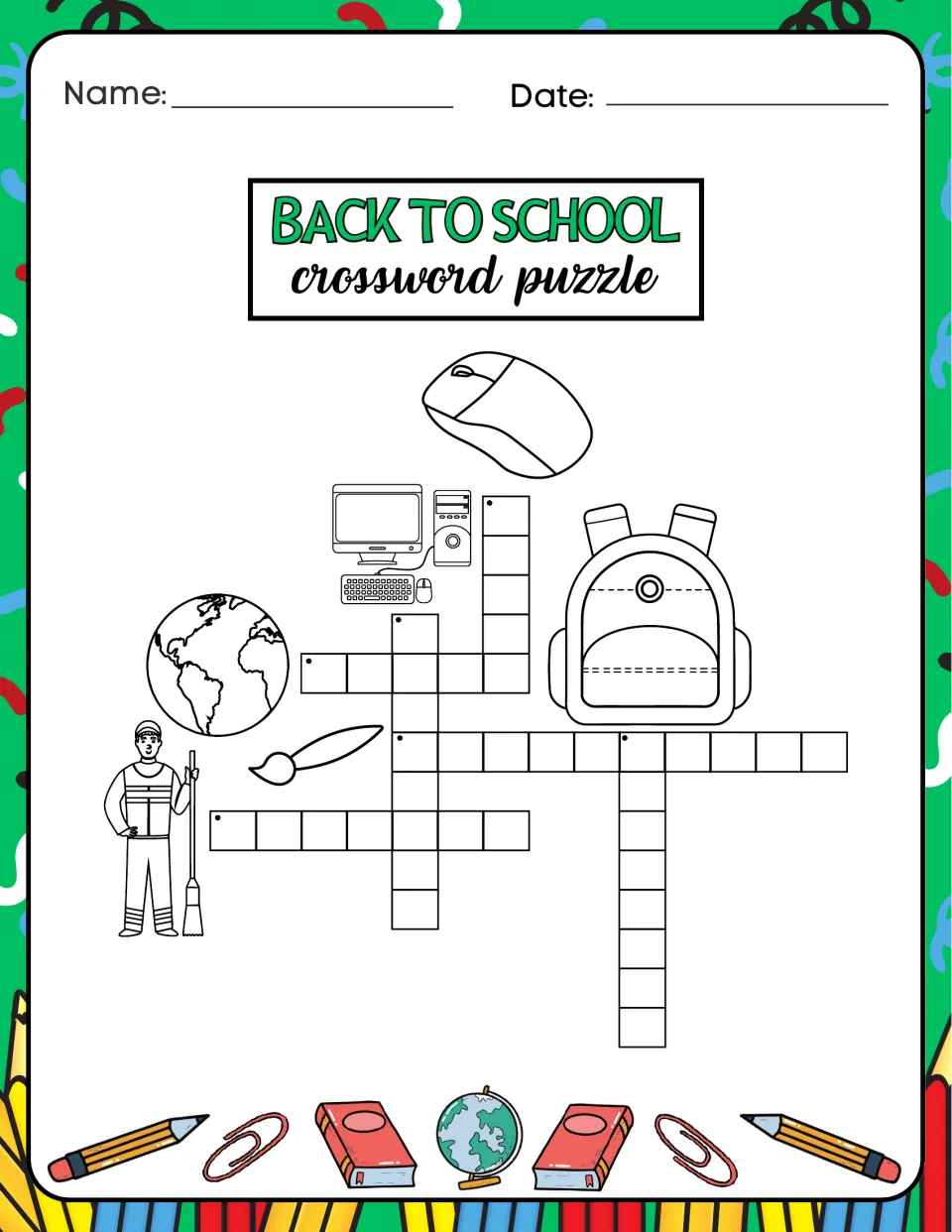 Picture-clue crossword 2 in the activity book shows a mouse, computer, globe, backpack, brush, and janitor.