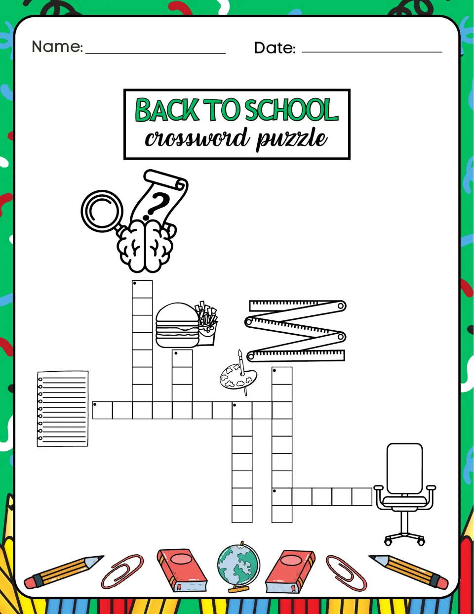 Picture-clue crossword 4 in the activity book includes a burger and fries, folding ruler, palette, and chair.