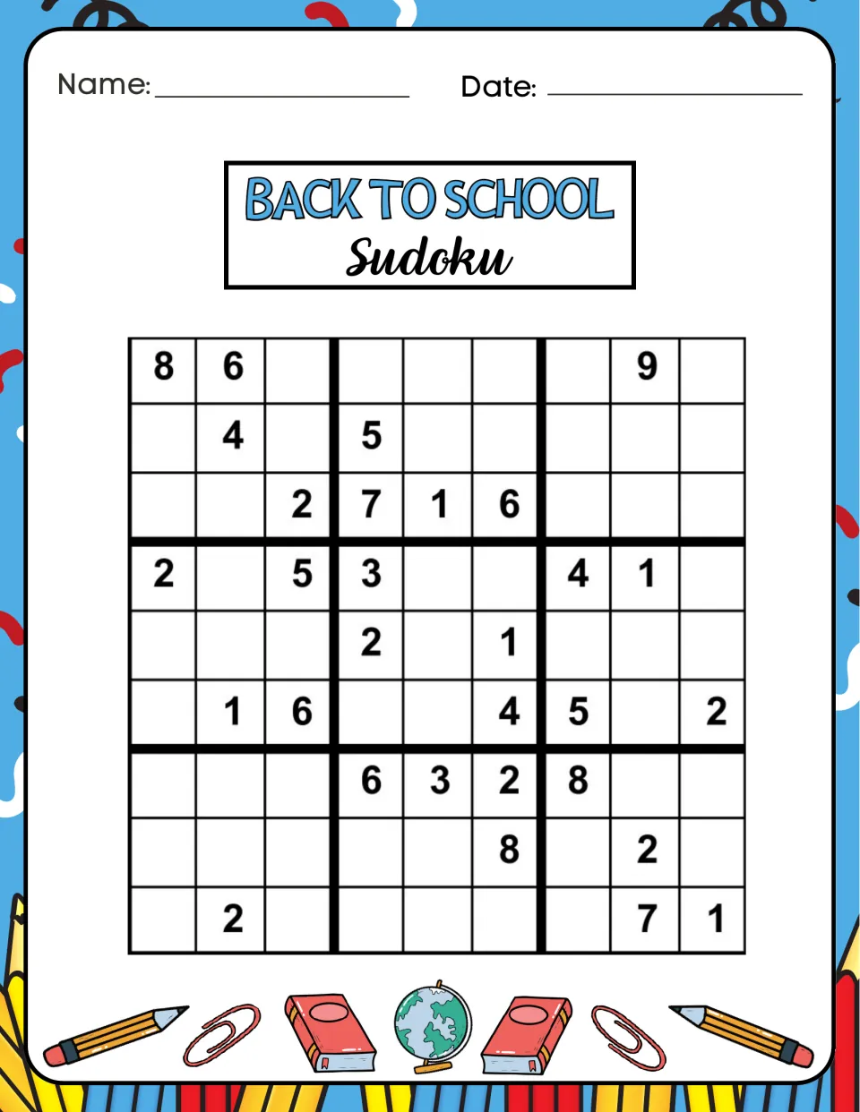 Sudoku puzzle in the activity book has starting numbers 8, 6, and 9 in the first row and blanks to complete.