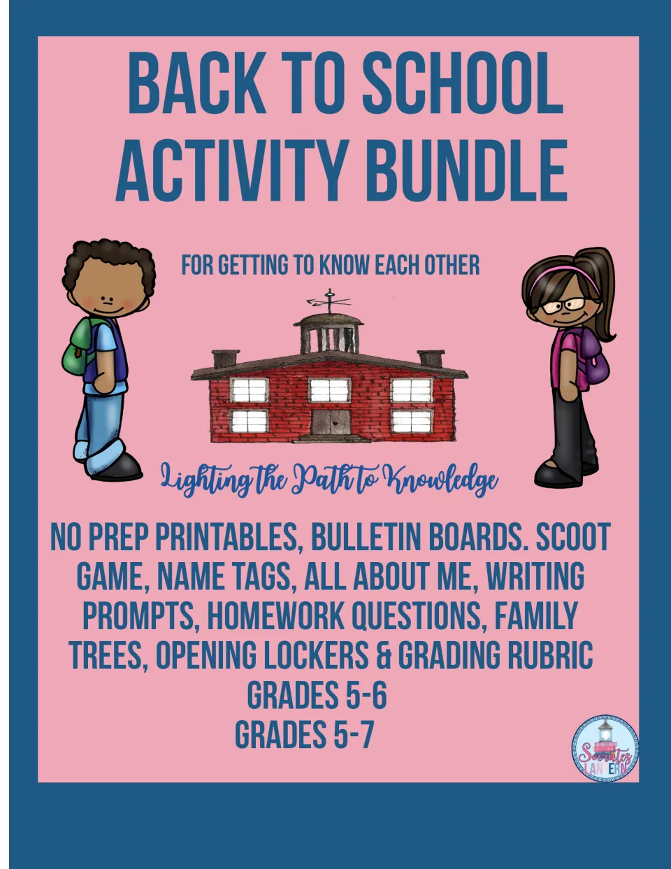 Back to School Activity Bundle cover listing SCOOT game, name tags, All About Me, writing prompts and family trees