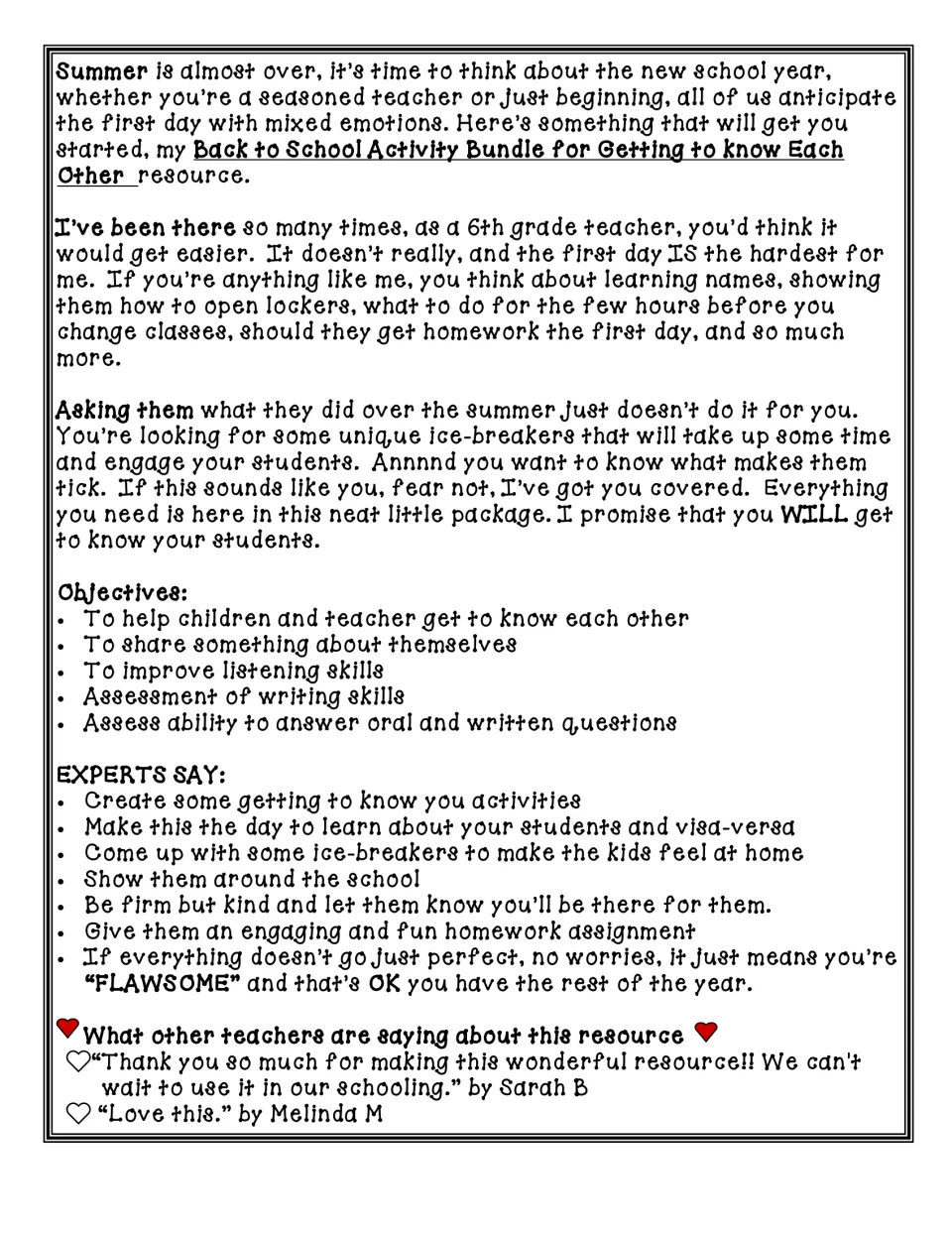 Product description from a 6th grade teacher on first-day worries, with objectives, expert tips and two teacher reviews