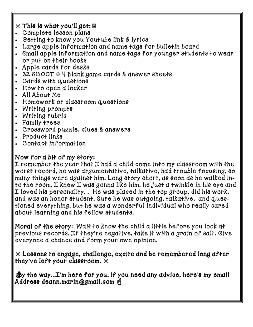 List of included items from lesson plans to crossword, plus the author's story about a student and a contact email