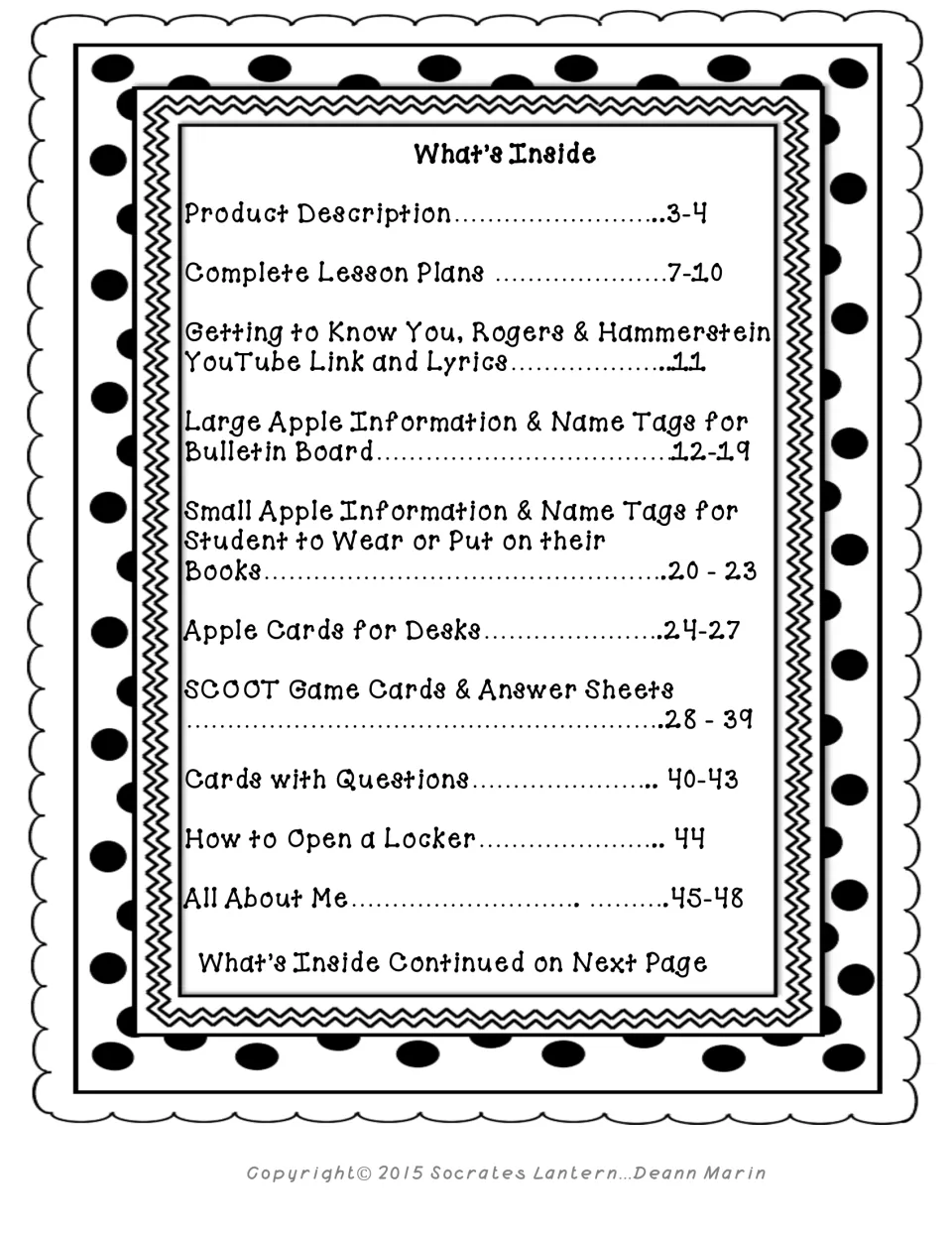 What's Inside contents, part 1: lesson plans, song lyrics, apple name tags, desk cards, SCOOT cards, All About Me