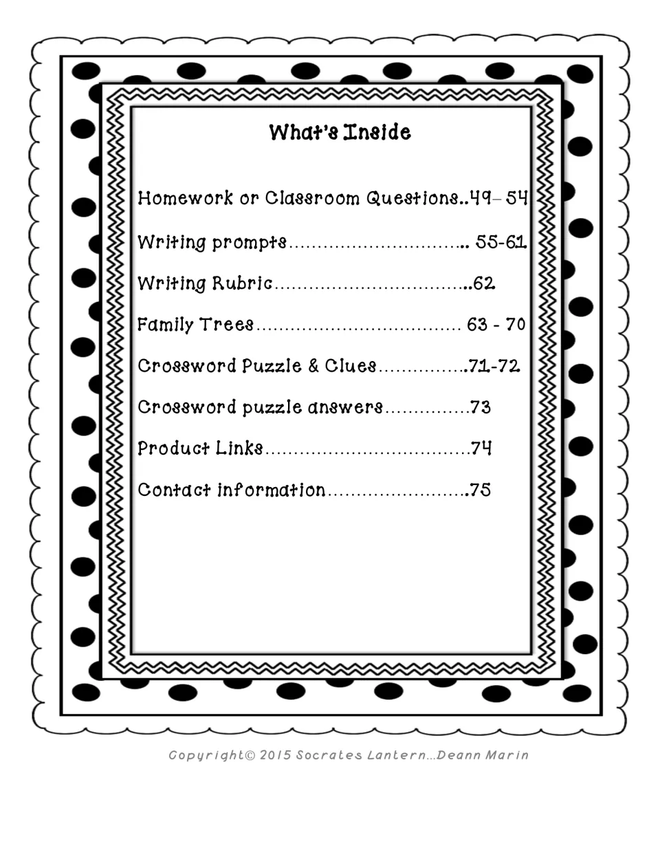 What's Inside contents, part 2: homework questions, writing prompts, rubric, family trees, crossword and answers