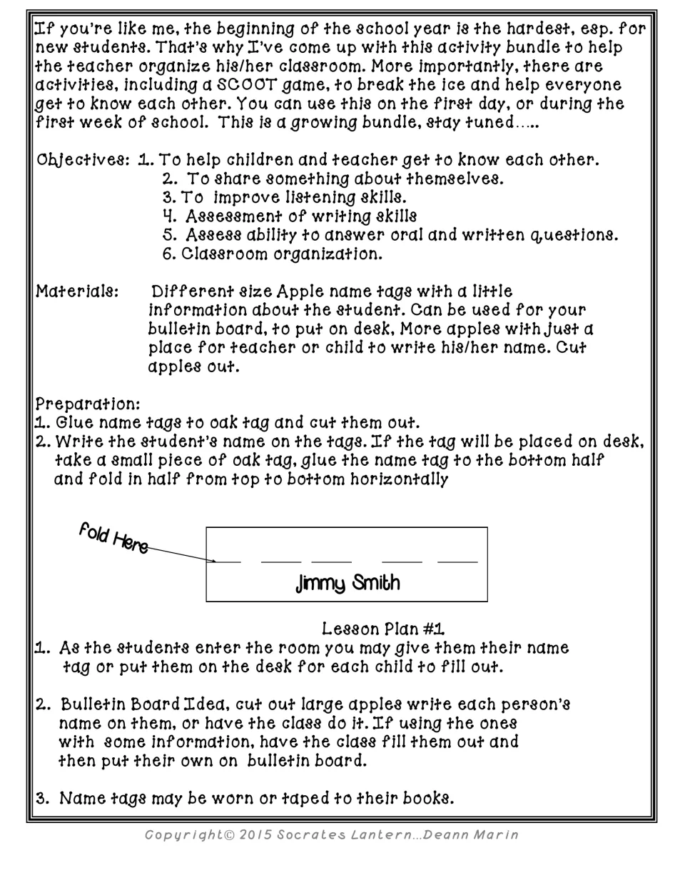 Lesson plan #1 setup: objectives, apple name tag prep, how to fold a desk tag, and an apple bulletin board idea