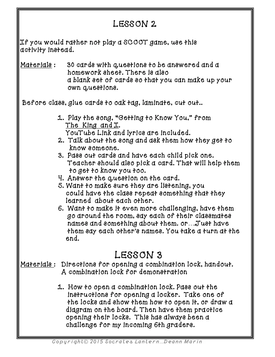 Lesson 2: each child answers a question card and classmates recall names; Lesson 3: opening a combination lock