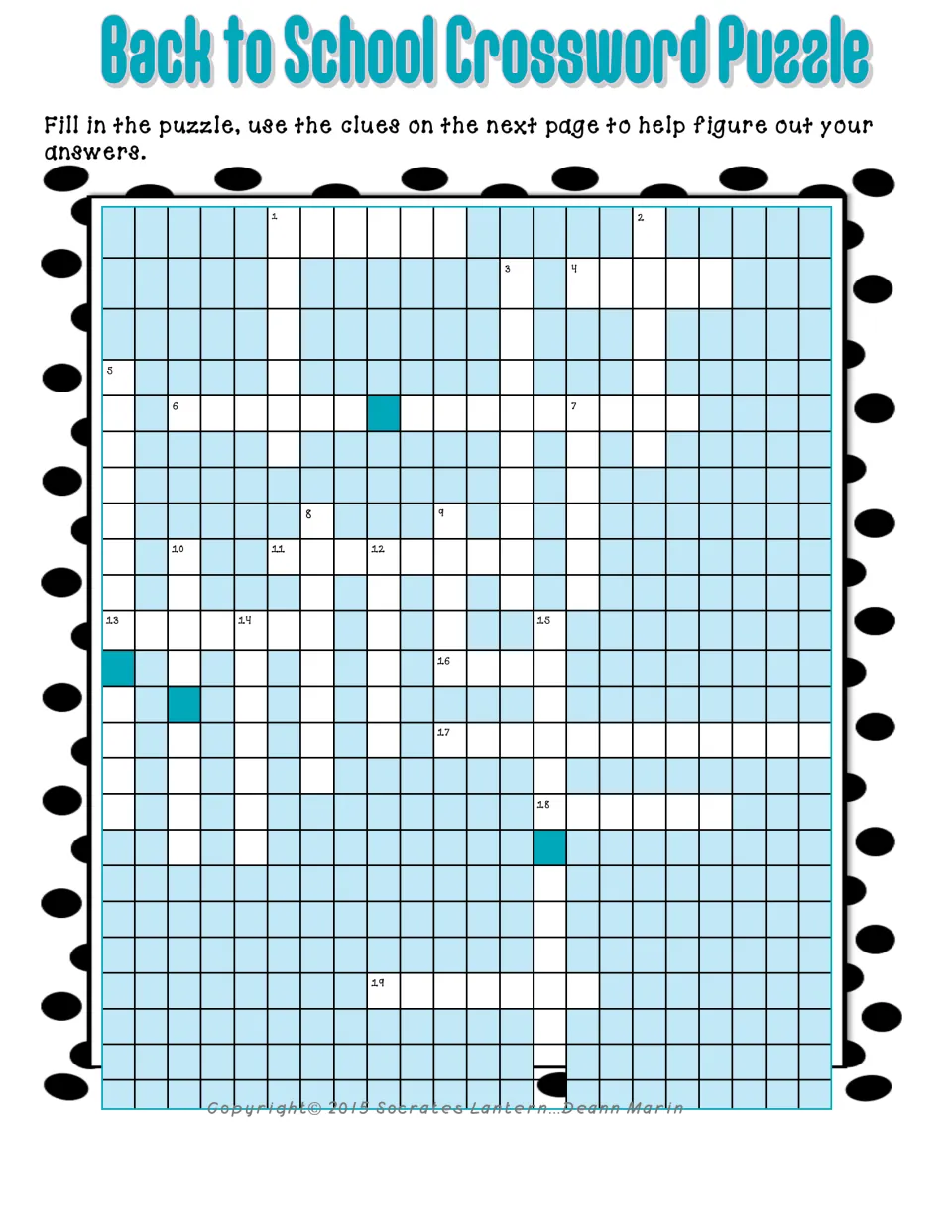 Back to School Crossword Puzzle: students fill in 19 numbered answers using the clues on the following page