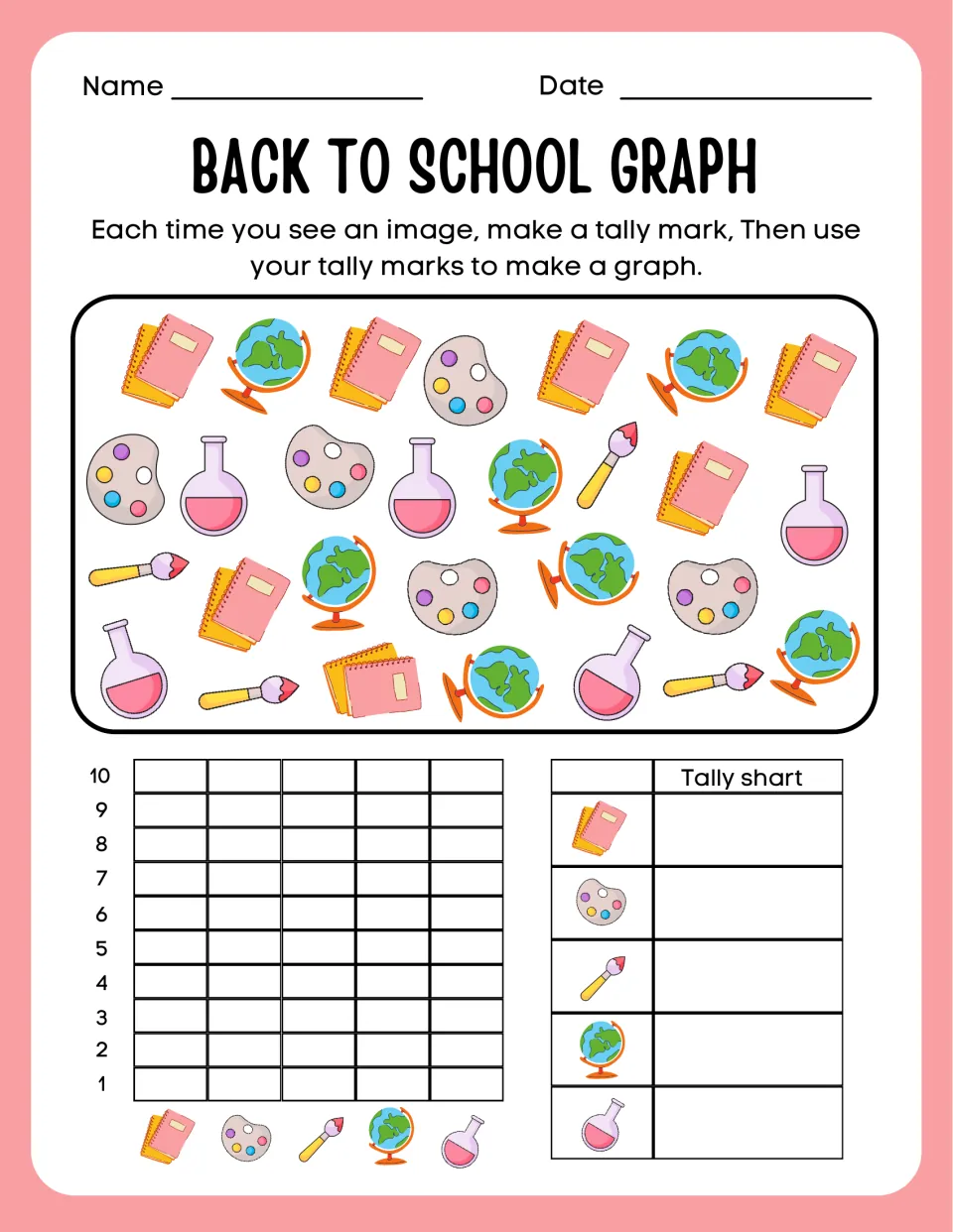 Picture graph: students tally notebooks, paint palettes, brushes, globes and flasks, then make a bar graph up to 10