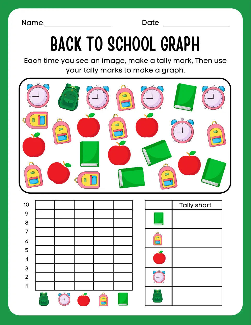 School supplies tally: students count clocks, apples, green books and two kinds of backpacks, then graph each total