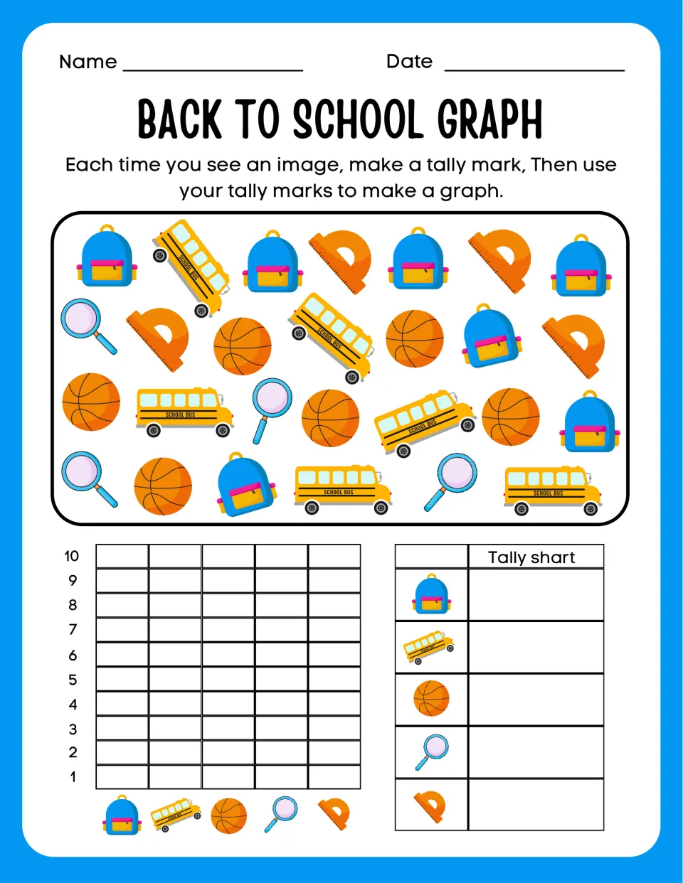 Back to school picture count: students tally backpacks, school buses, basketballs, magnifiers and protractors, then graph