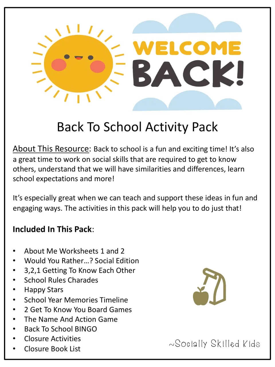 Welcome Back! cover listing About Me sheets, Would You Rather, Charades, Happy Stars, board games, BINGO and closure tasks