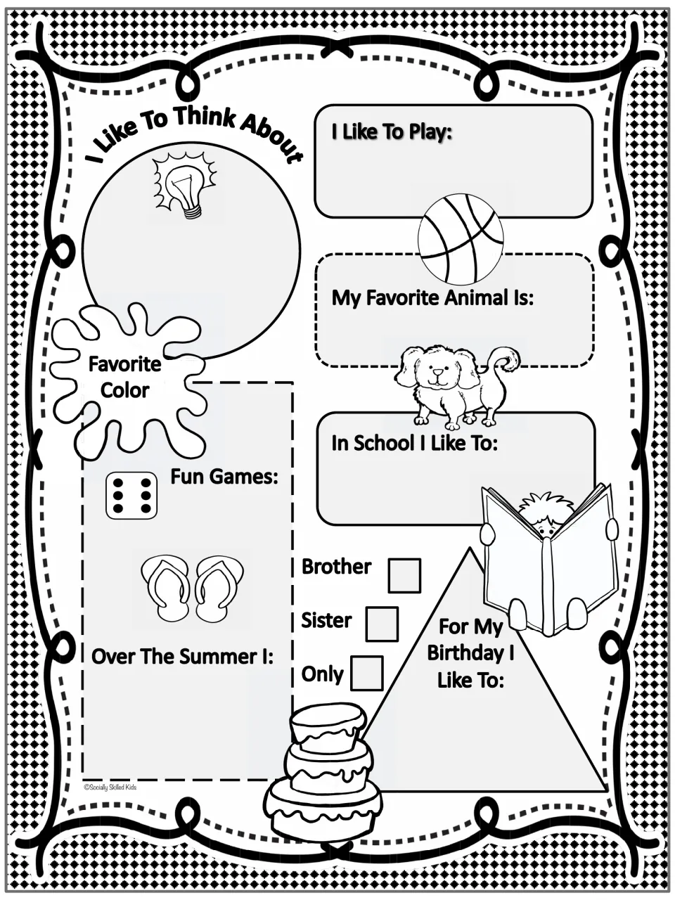 All-about-me sheet: students write what they like to think about, play, favorite animal and color, summer and birthday plans