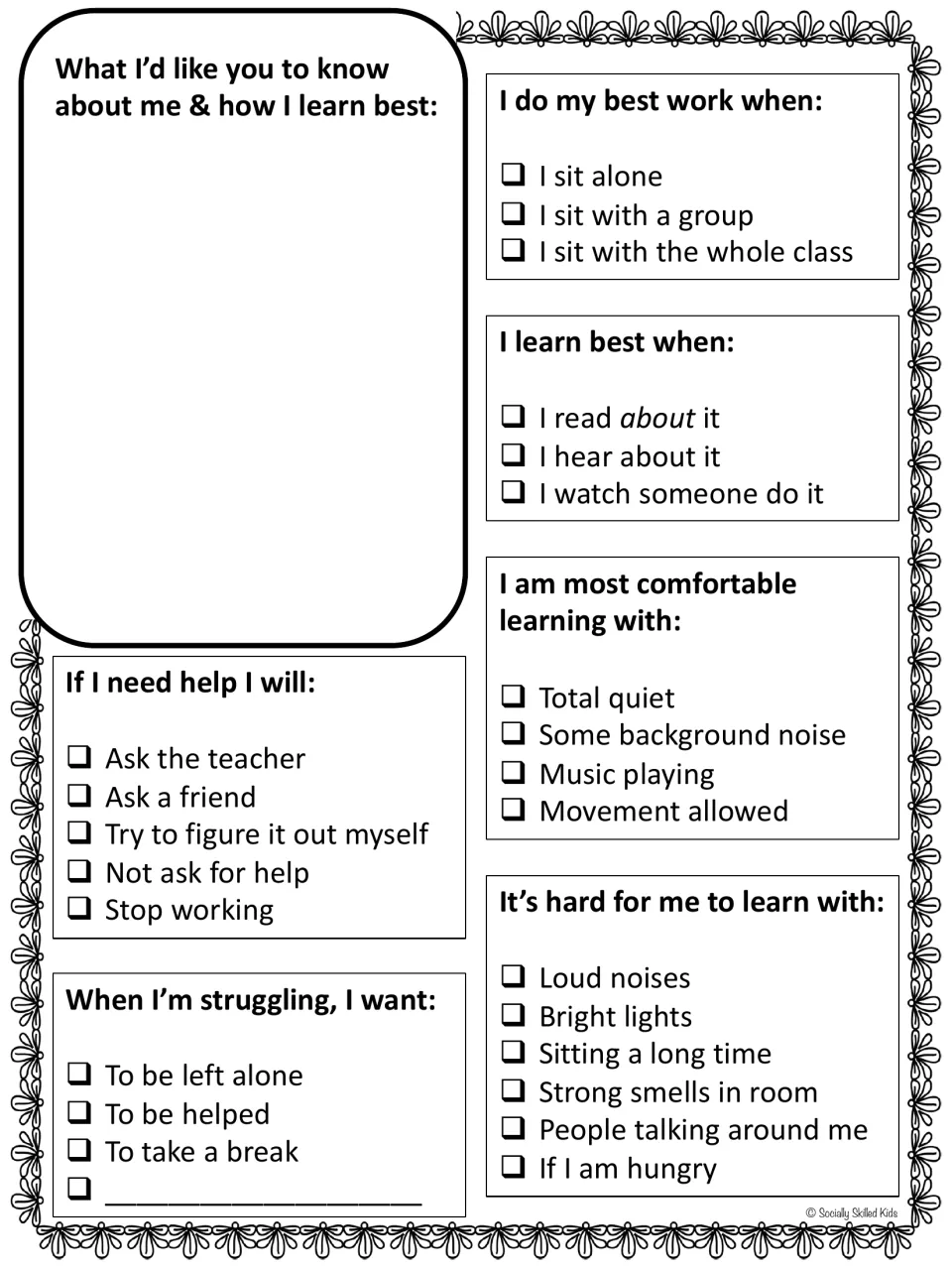 Learning-style survey: students check how they learn best, work best, ask for help and what makes learning hard for them