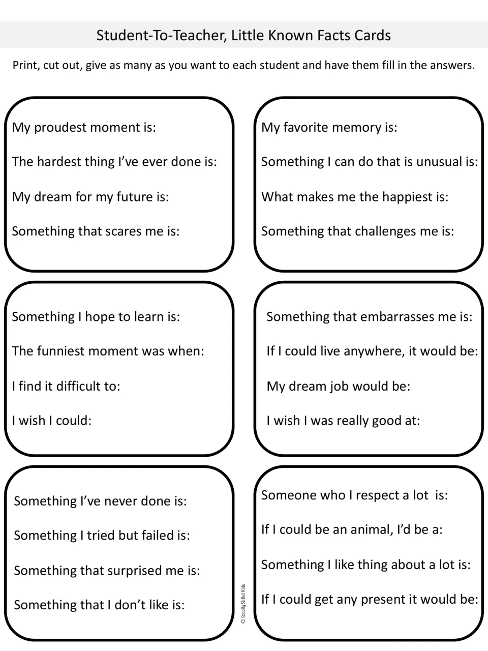 Student-To-Teacher Little Known Facts Cards: six cut-out cards with prompts like my proudest moment and my dream job