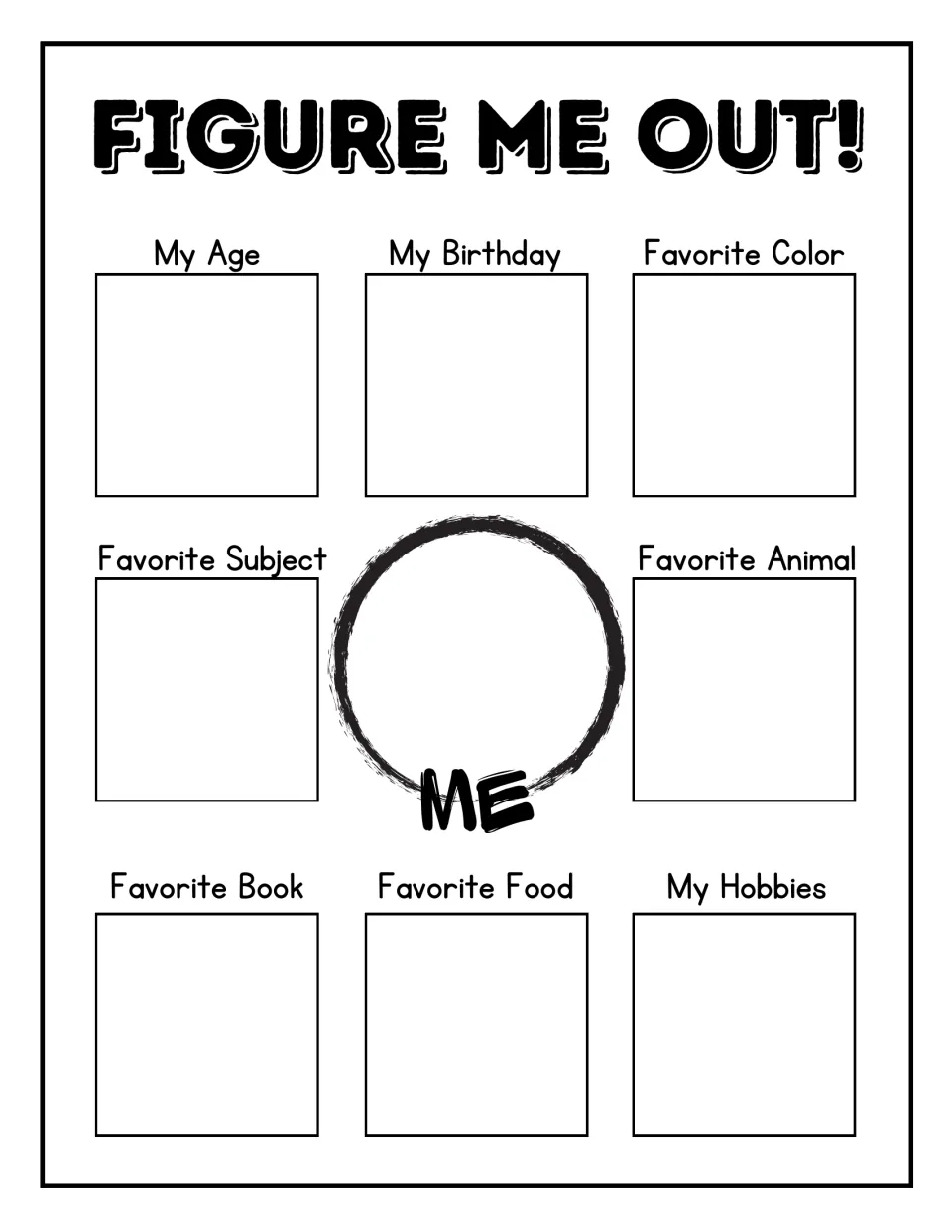 Student response sheet: name, age, birthday, favorite color, subject, animal, book, food, and hobbies.