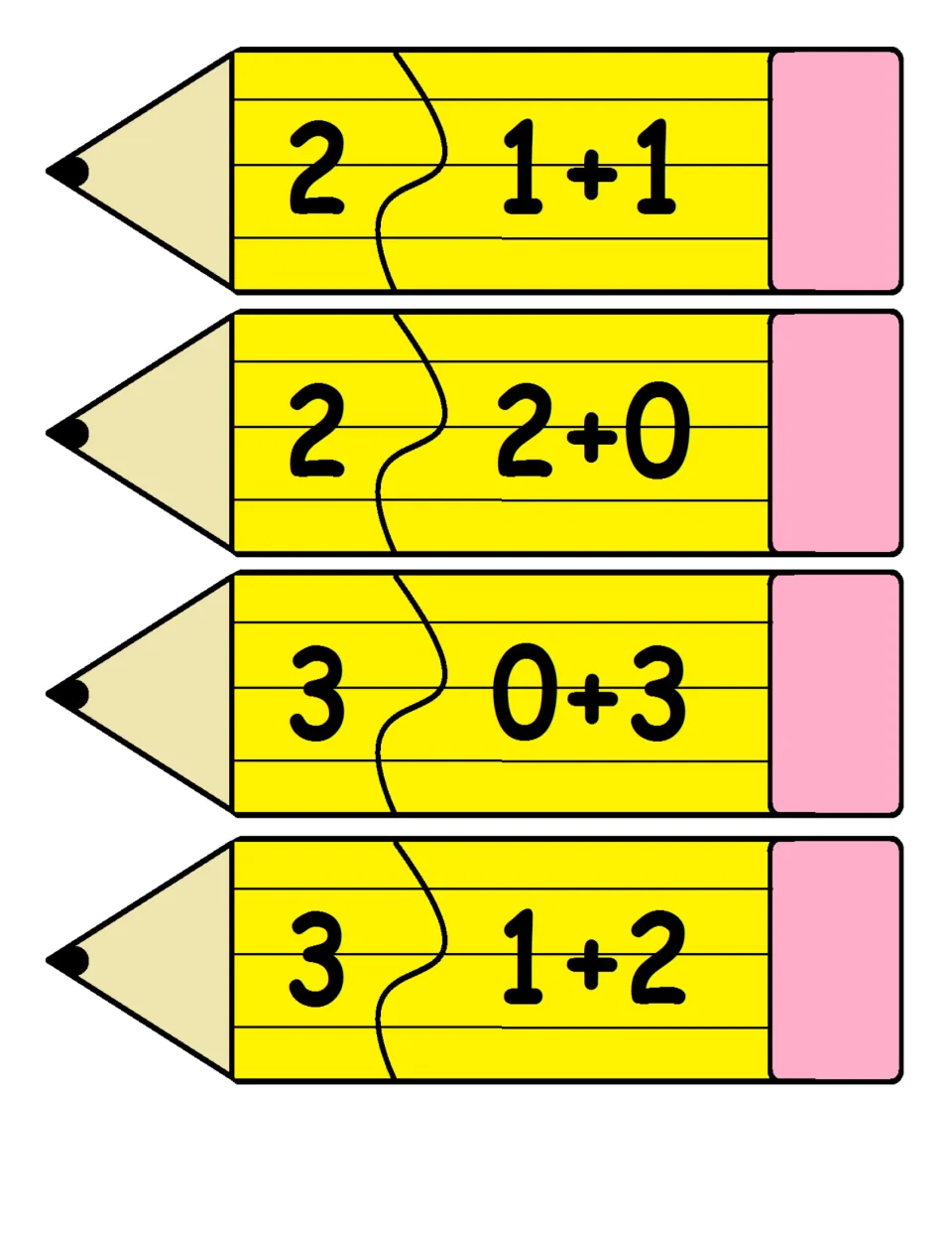 Two-piece pencil addition puzzles 5–8 match sums to facts: 2 = 1+1, 2 = 2+0, 3 = 0+3, and 3 = 1+2.
