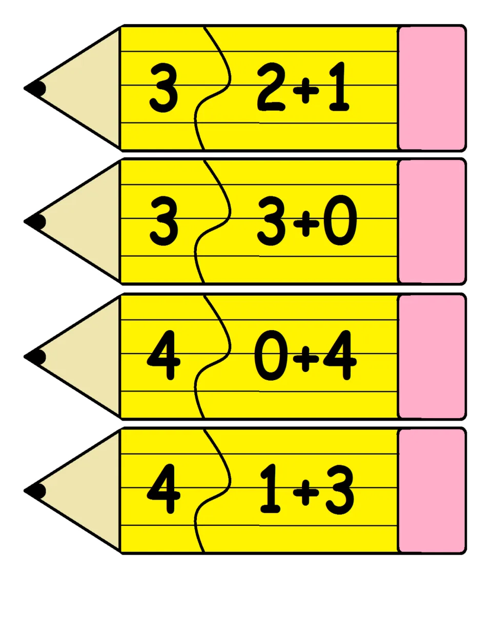 Two-piece pencil addition puzzles 9–12 match sums to facts: 3 = 2+1, 3 = 3+0, 4 = 0+4, and 4 = 1+3.