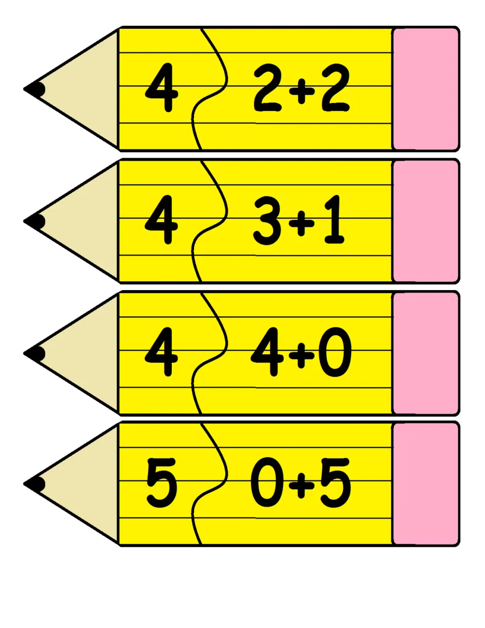Two-piece pencil addition puzzles 13–16 match sums to facts: 4 = 2+2, 4 = 3+1, 4 = 4+0, and 5 = 0+5.