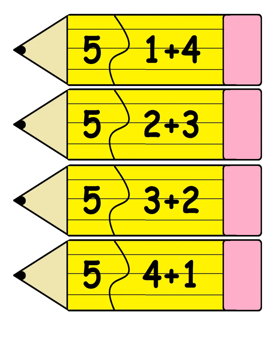 Two-piece pencil addition puzzles 17–20 match sums to facts: 5 = 1+4, 5 = 2+3, 5 = 3+2, and 5 = 4+1.