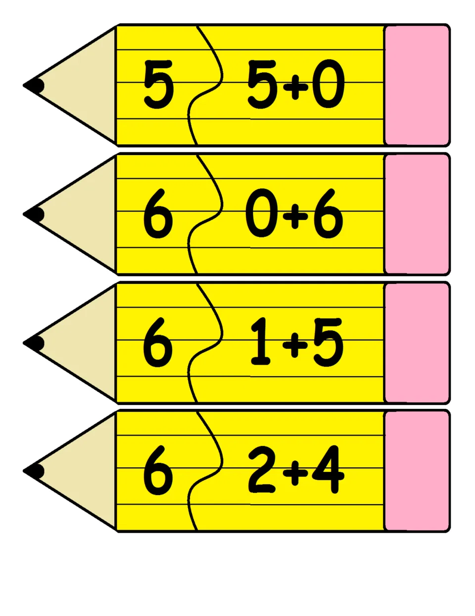 Two-piece pencil addition puzzles 21–24 match sums to facts: 5 = 5+0, 6 = 0+6, 6 = 1+5, and 6 = 2+4.
