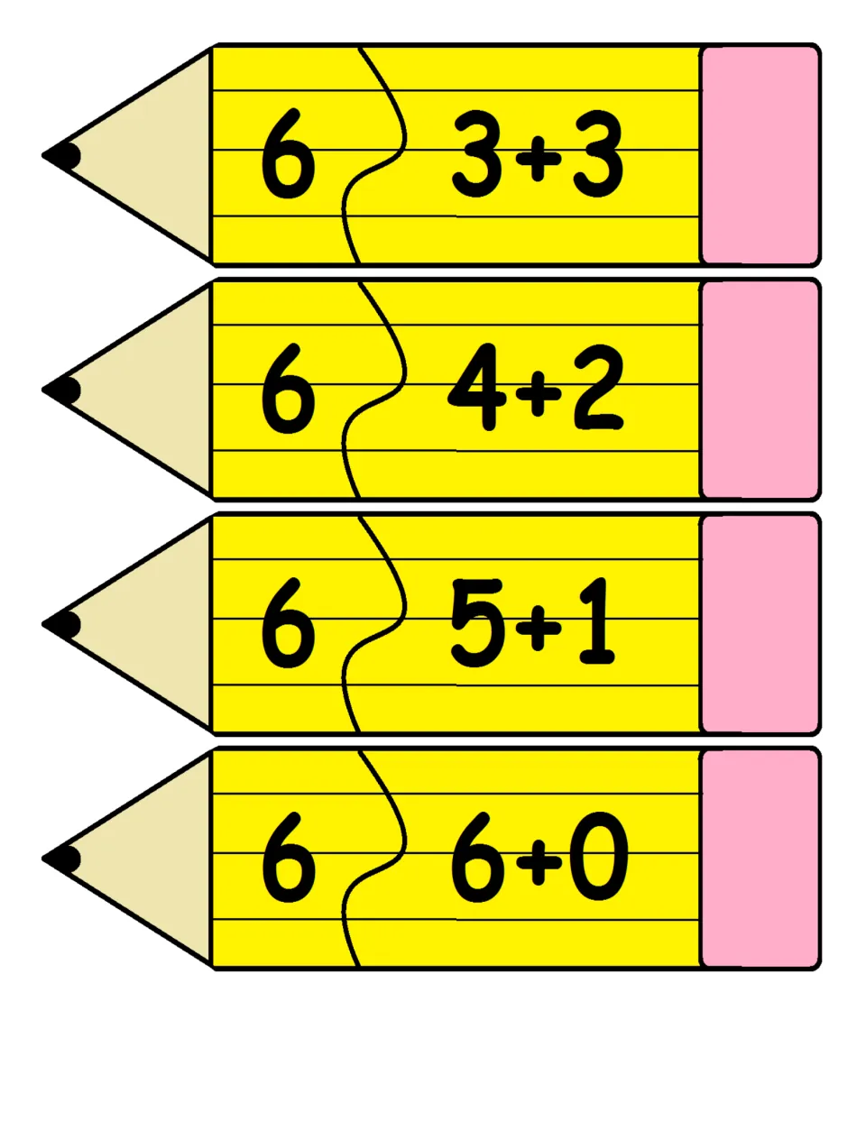 Two-piece pencil addition puzzles 25–28 match sums to facts: 6 = 3+3, 6 = 4+2, 6 = 5+1, and 6 = 6+0.