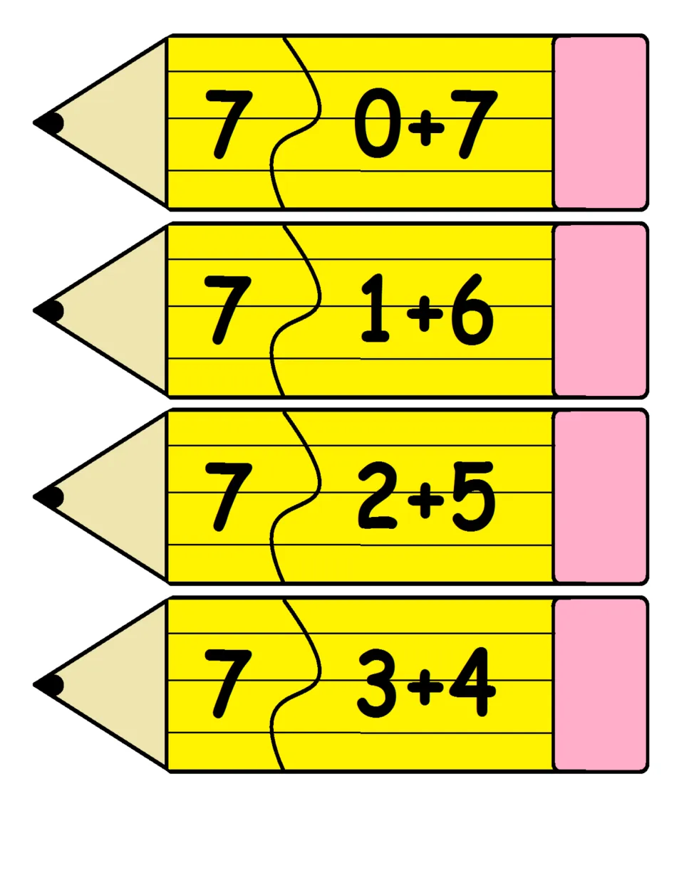 Two-piece pencil addition puzzles 29–32 match sums to facts: 7 = 0+7, 7 = 1+6, 7 = 2+5, and 7 = 3+4.