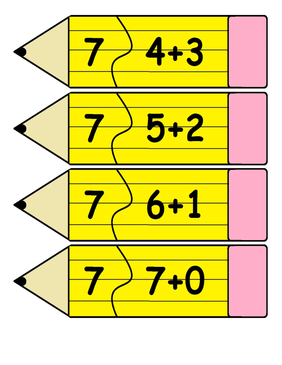 Two-piece pencil addition puzzles 33–36 match sums to facts: 7 = 4+3, 7 = 5+2, 7 = 6+1, and 7 = 7+0.