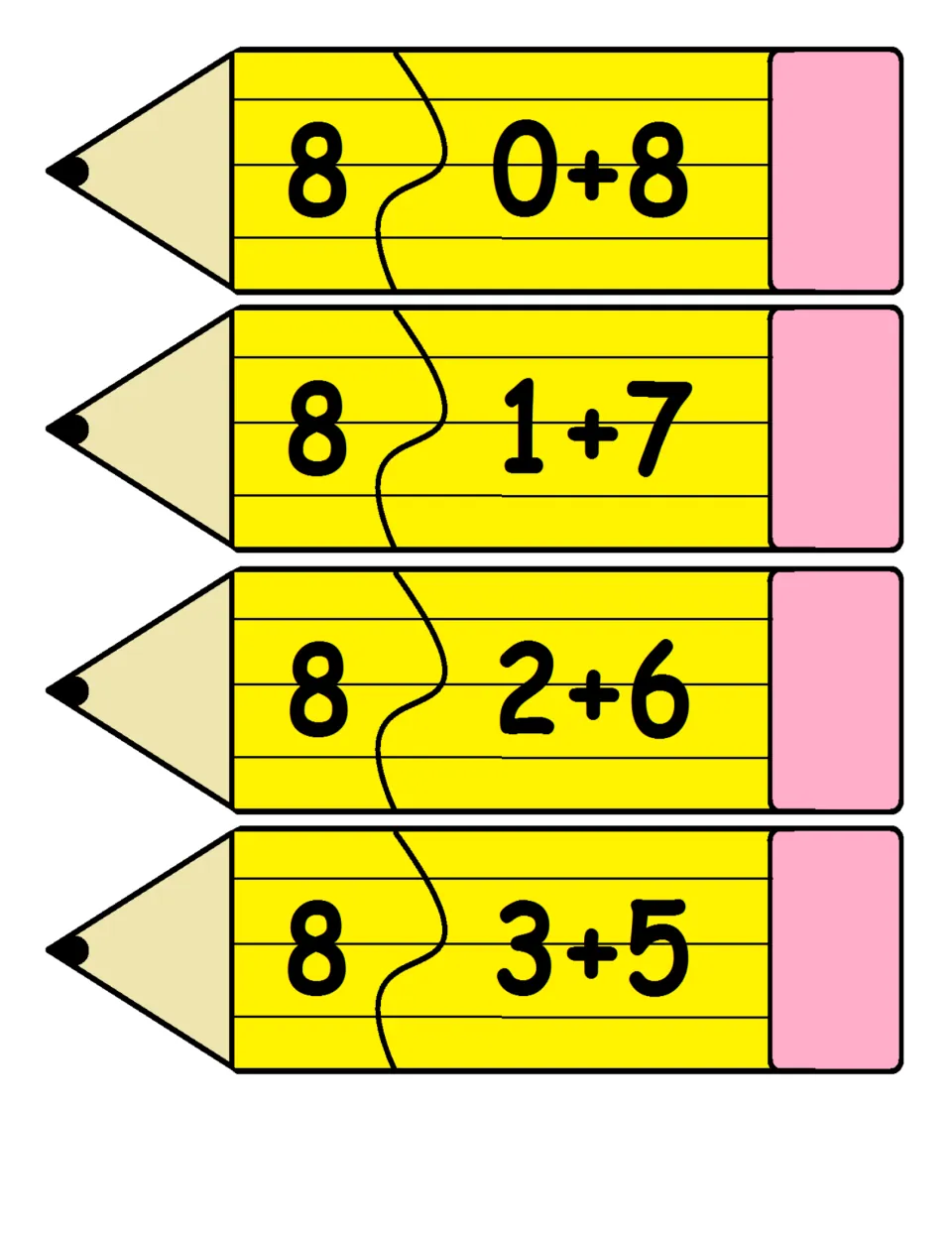 Two-piece pencil addition puzzles 37–40 match sums to facts: 8 = 0+8, 8 = 1+7, 8 = 2+6, and 8 = 3+5.