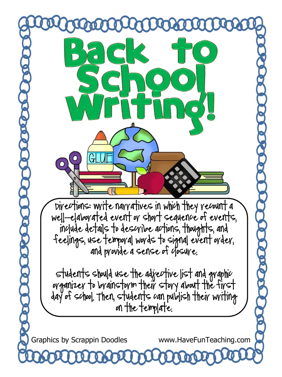 Back to School Writing! cover with directions: students brainstorm a first-day-of-school story, then publish it