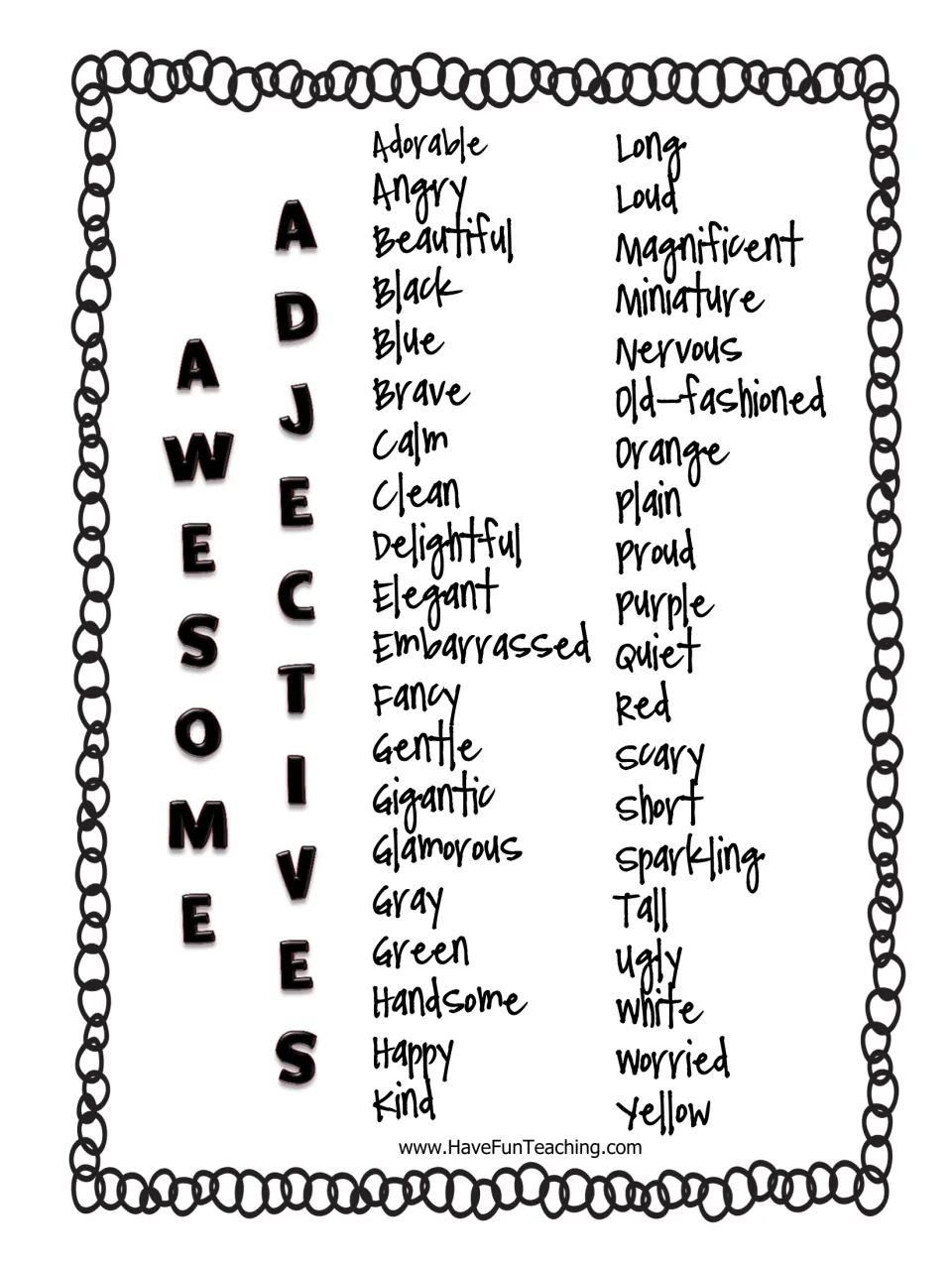 Awesome Adjectives word bank: 40 describing words from adorable to yellow for students to use in their story