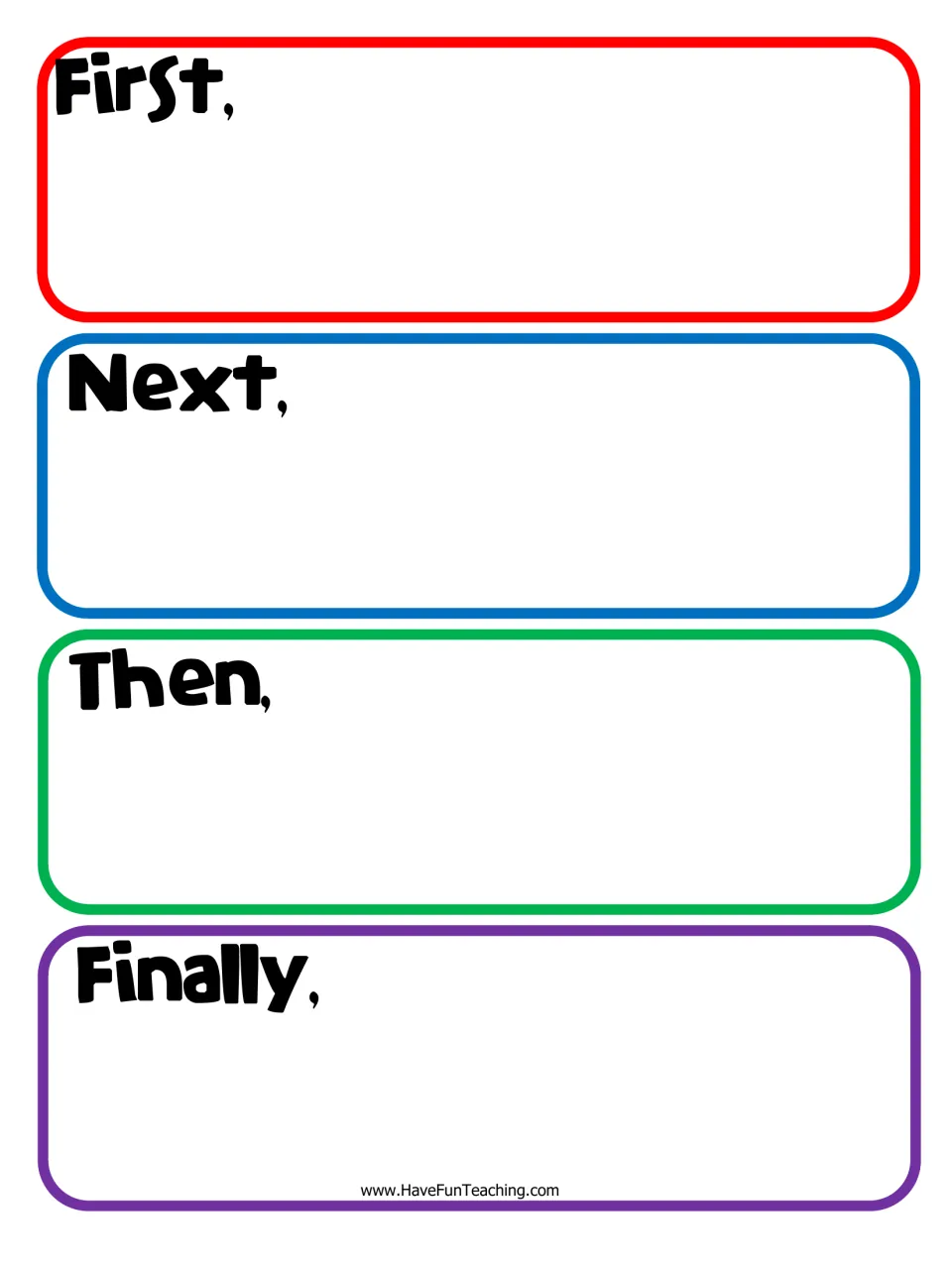 Story sequencing organizer: students plan their first day of school using First, Next, Then and Finally prompts