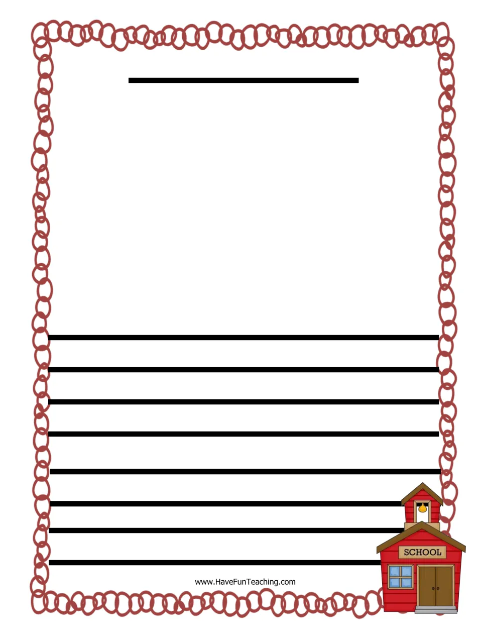 Publishing template with schoolhouse clip art: students add a title, draw a picture and write their final story