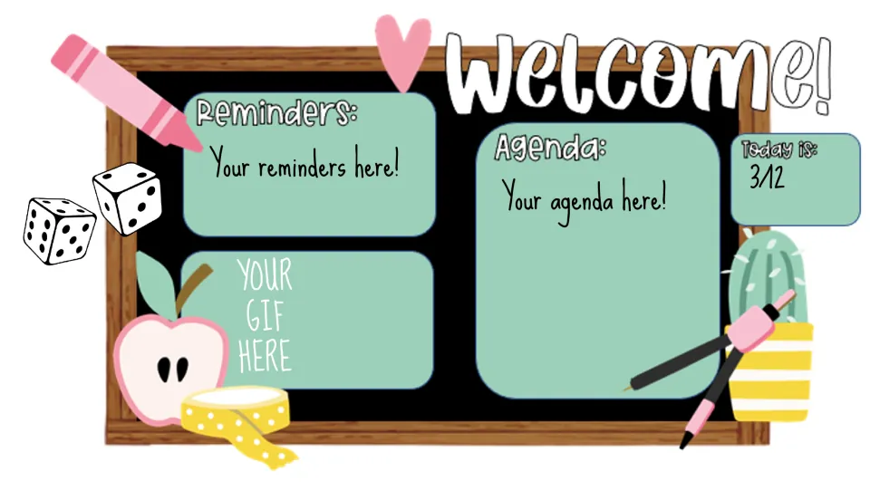 Agenda template headed 'Welcome!' with Reminders, Agenda, 'Today is: 3/12', and 'YOUR GIF HERE' prompts.