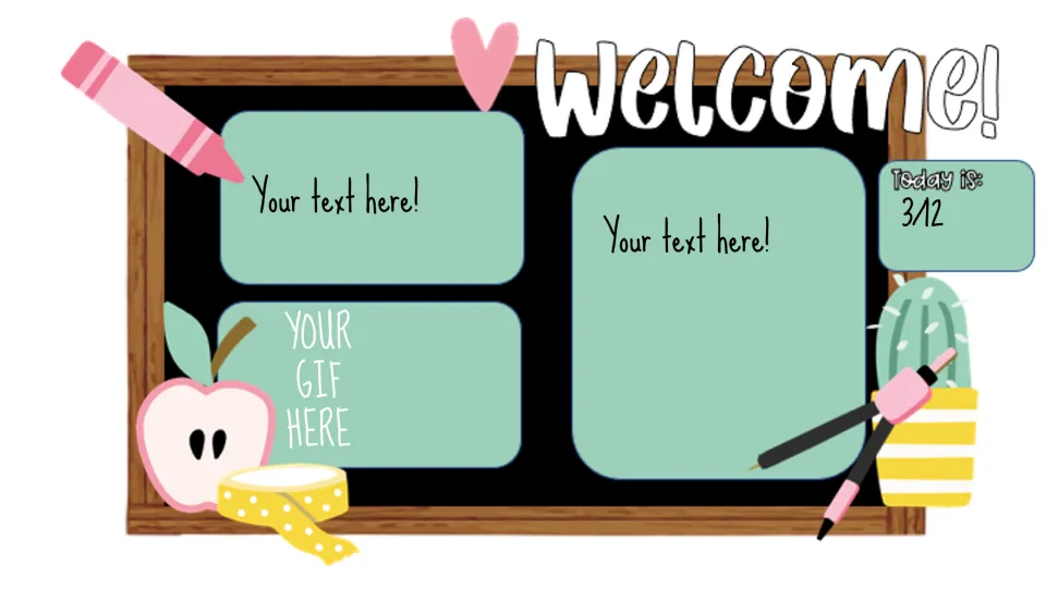 Custom agenda slide headed 'Welcome!' with two 'Your text here!' prompts, a GIF prompt, and date 3/12.