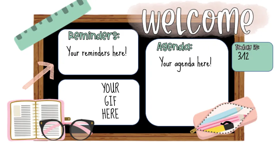 Welcome agenda template with 'Your reminders here!', 'Your agenda here!', a GIF prompt, and date 3/12.