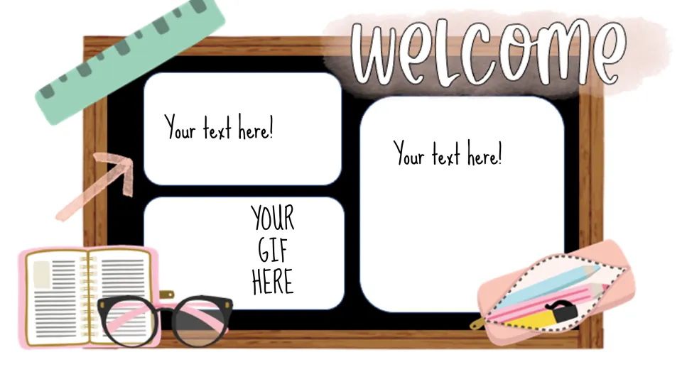 Final welcome agenda template with two 'Your text here!' prompts and 'YOUR GIF HERE', without a date.