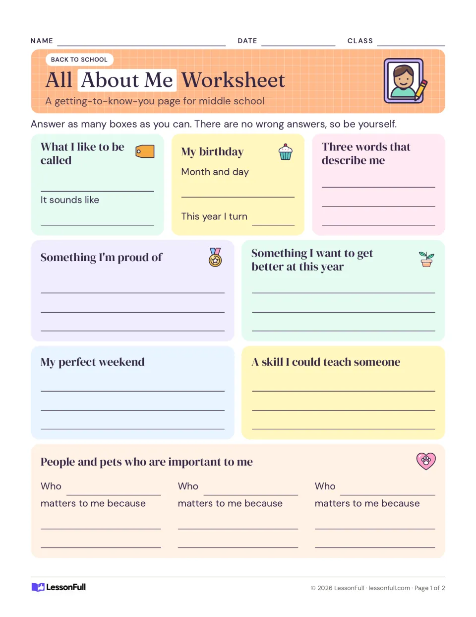 Personal introduction organizer, page 1: preferred name, birthday, goals, skills, and important people and pets.