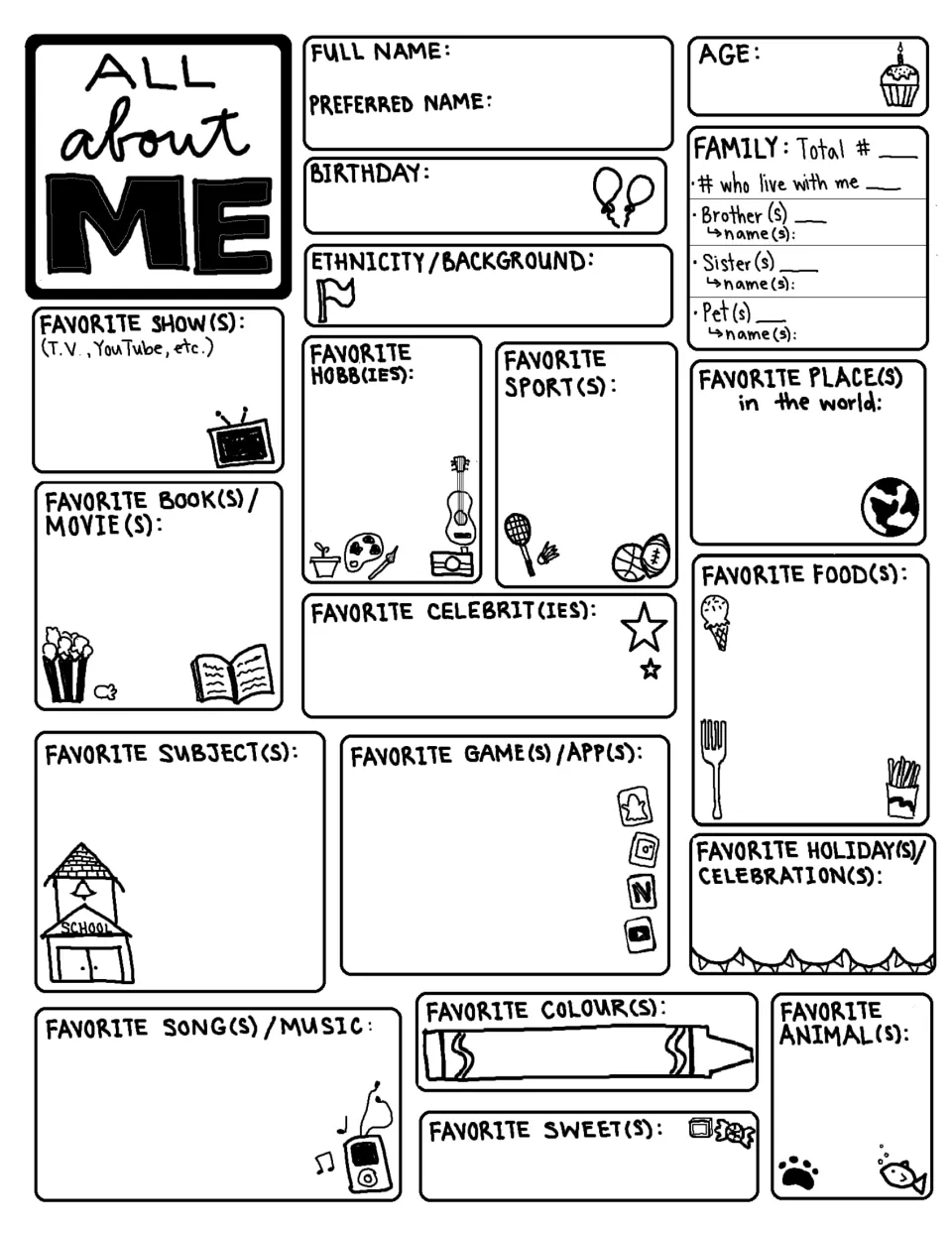 All About Me profile: students fill in name, birthday, age, family, and favorite shows, foods, sports, books and music