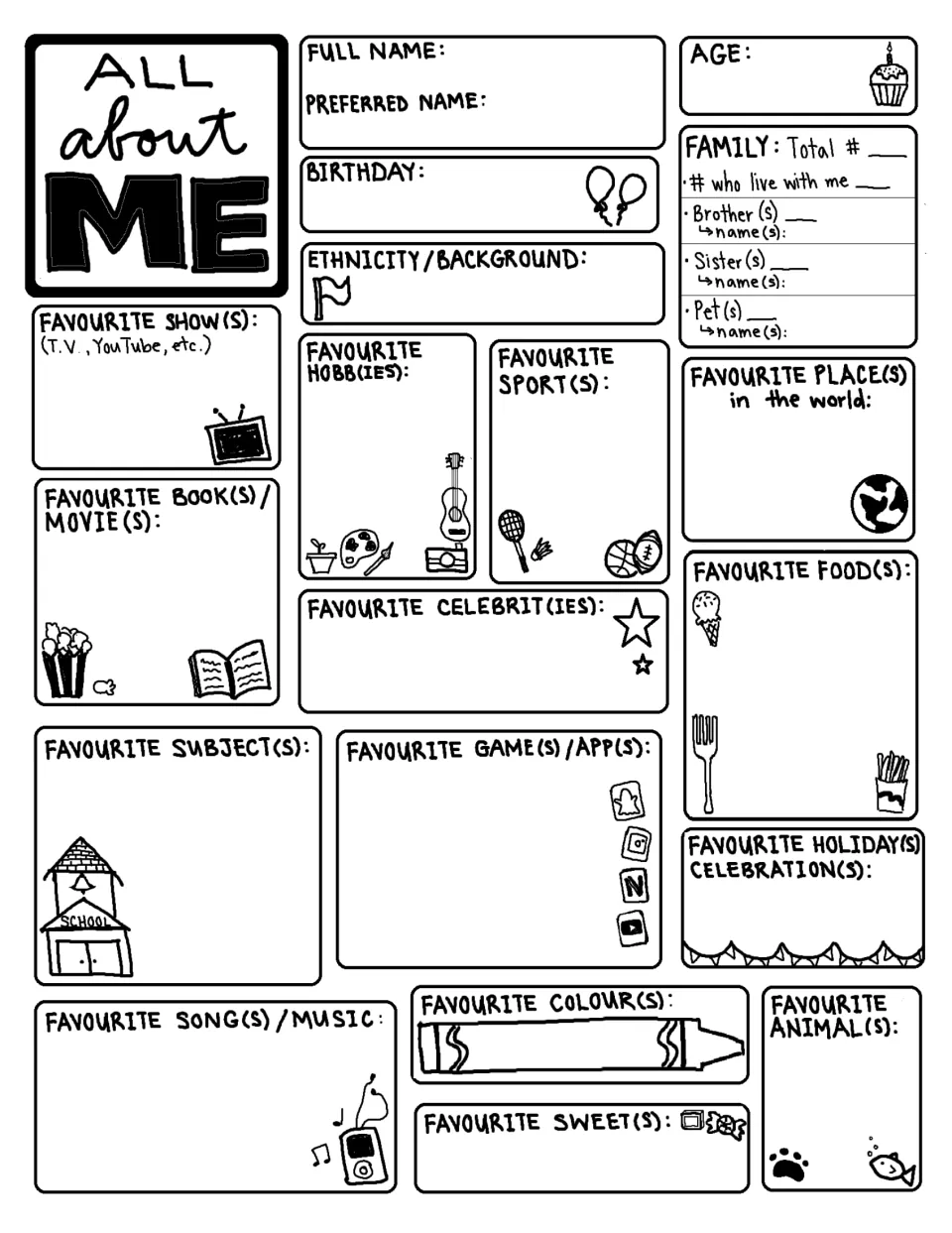 Same student profile in British spelling: students record name, age, family and pets plus favourite foods, games, places