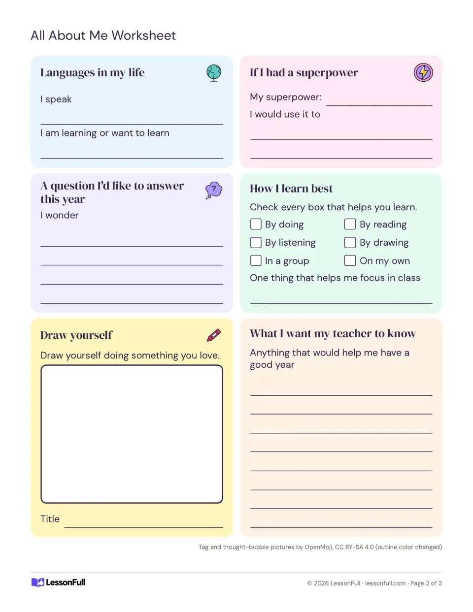 Personal introduction organizer, page 2: languages, a superpower, learning preferences, and a self-portrait.