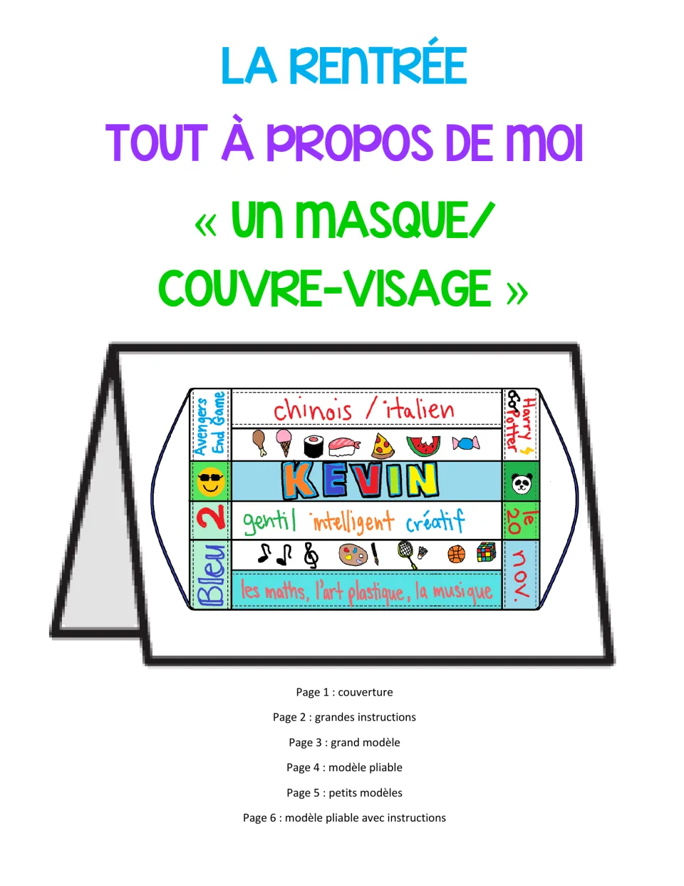 French all-about-me face mask activity cover showing Kevin's completed example and a list of template formats